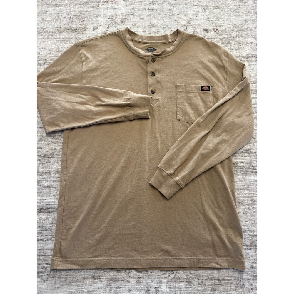 Dickies Mens Long Sleeve Henley Shirt Tan Khaki Cotton Pocket Workwear L WL451DS